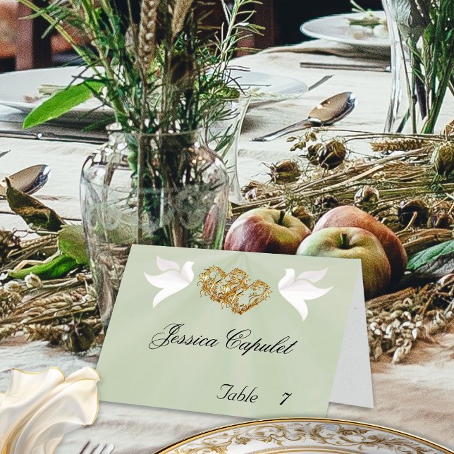 Doves & Linked Hearts Gold/Sage Place Card (Creator Uploaded)