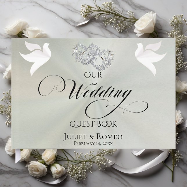 Doves & Linked Hearts - Pastel Sage/Silver Guest Book (Creator Uploaded)