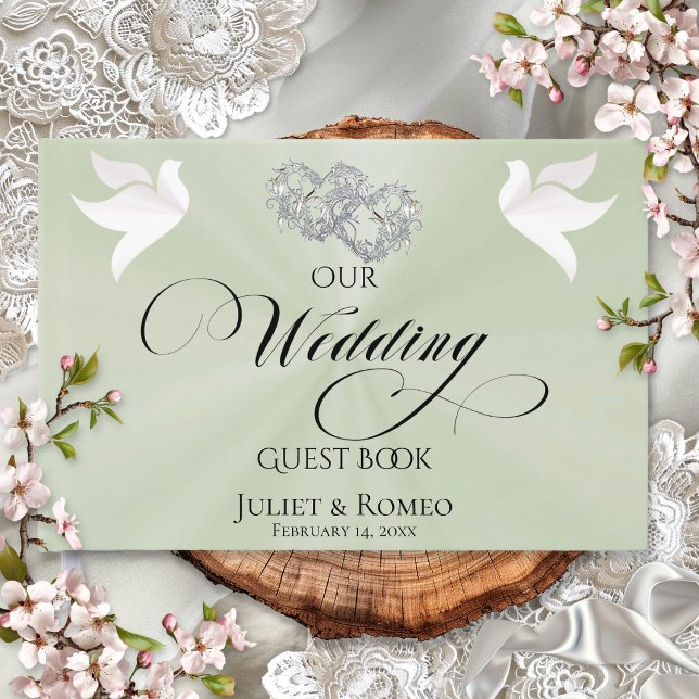 Doves & Linked Hearts - Sage Pearl/Silver Guest Book (Creator Uploaded)