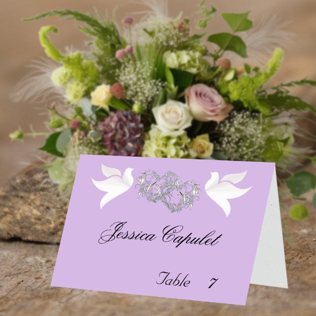 Doves & Linked Hearts Silver/Lavender Place Card (Creator Uploaded)