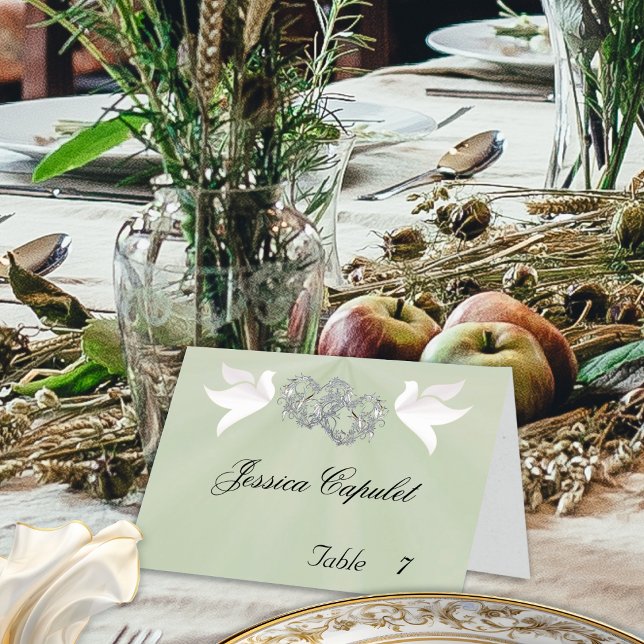 Doves & Linked Hearts Silver/Sage Place Card (Creator Uploaded)