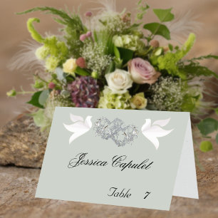 Doves & Linked Hearts Silver/Sage Place Card