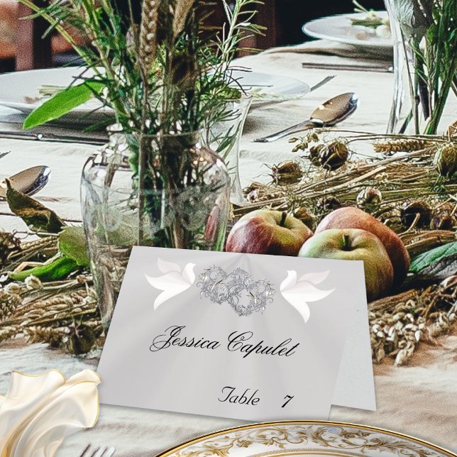 Doves & Linked Hearts Silver/White Place Card (Creator Uploaded)