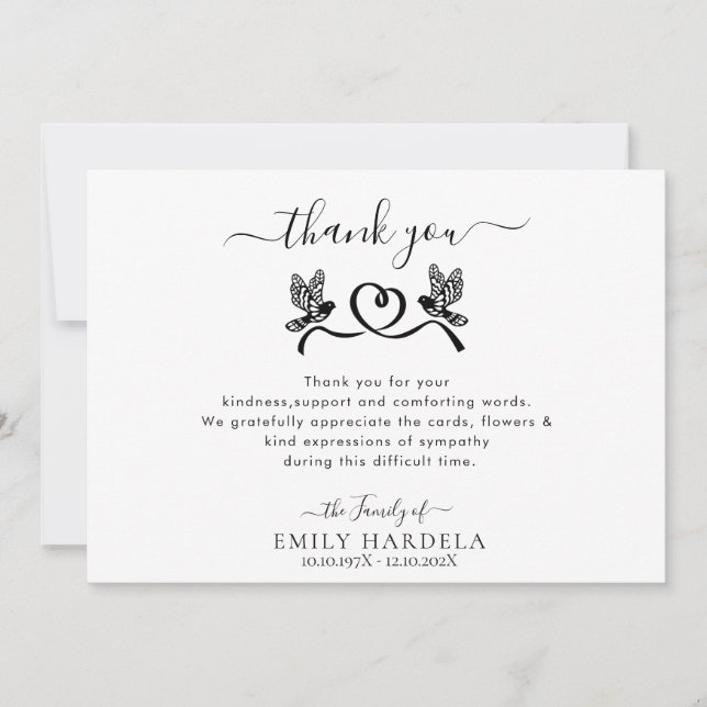 Doves Love Funeral Script Thank You Card (Front)