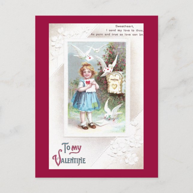 Doves, Mailbox & Girl Vintage Valentine Holiday Postcard (Front)