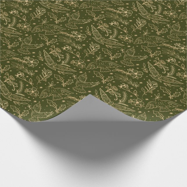 Doves Of Peace Green Shimmer Gold Foil Floral Wrapping Paper (Corner)