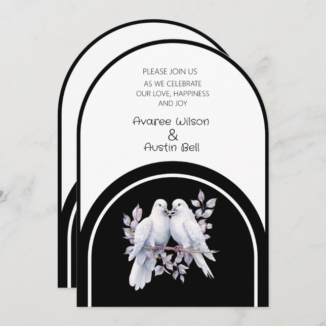 Doves Rings Black and White Arched  Invitation (Front/Back)