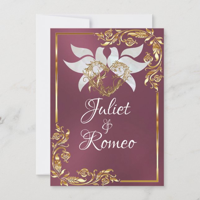 Doves, Scroll Heart & Gold Frame on Purple Invitation (Front)