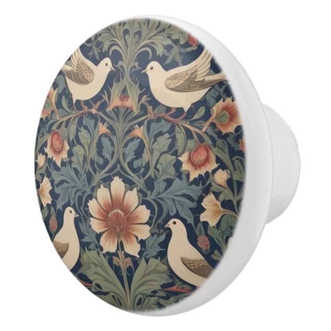 Doves William Morris style Four Dove Birds Ceramic Knob (Right)