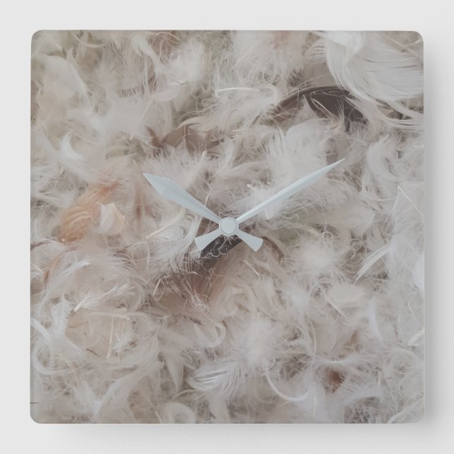 Down Comforter Bird Feathers Photography Elegant Square Wall Clock (Front)