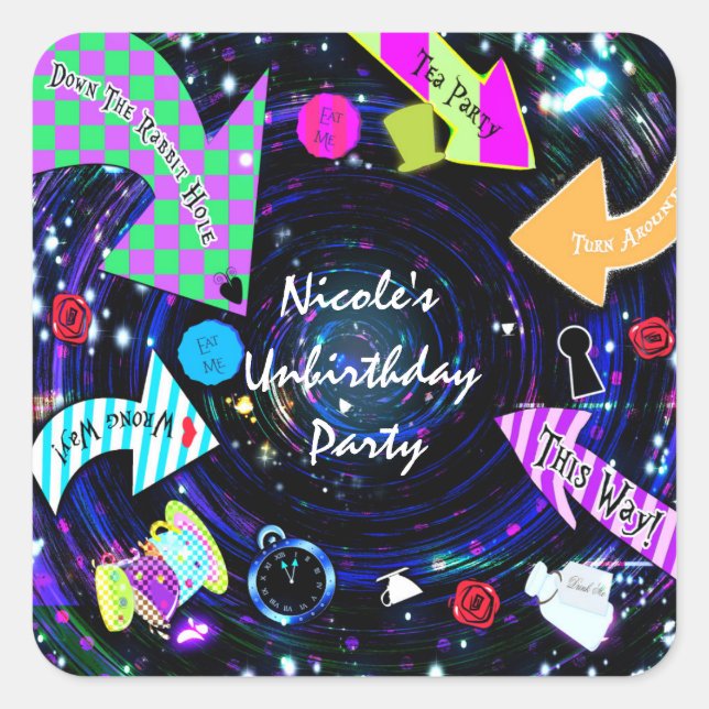 Down the Rabbit Hole Alice in Wonderland Party Square Sticker (Front)