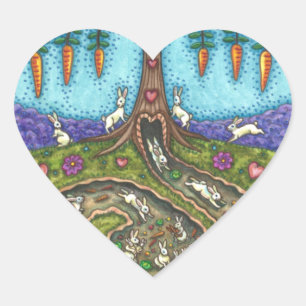 DOWN THE RABBIT HOLE, CARROT WILLOW TREE FOLK ART HEART STICKER