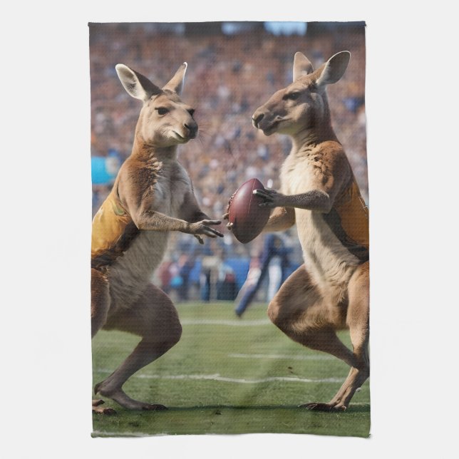 "Down Under Action: Kangaroos Playing Aussie Rules Tea Towel (Vertical)