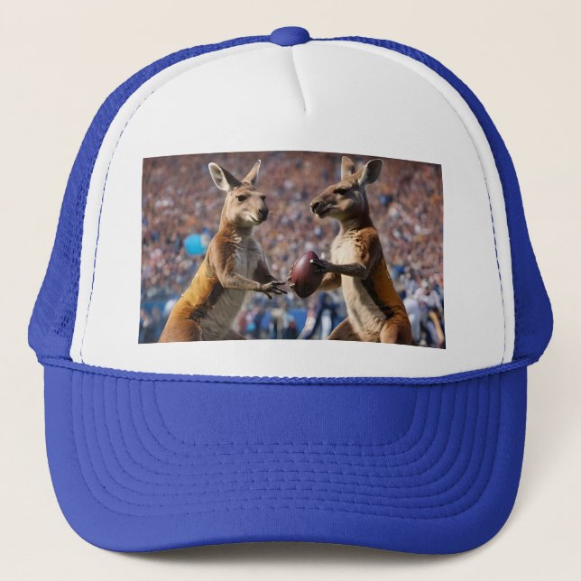 "Down Under Action: Kangaroos Playing Aussie Rules Trucker Hat (Front)