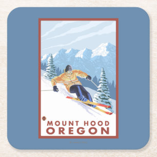Downhhill Snow Skier - Mount Hood, Oregon Square Paper Coaster
