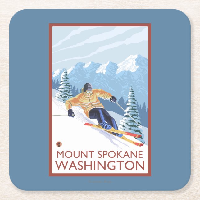 Downhhill Snow Skier - Mount Spokane, Square Paper Coaster (Front)