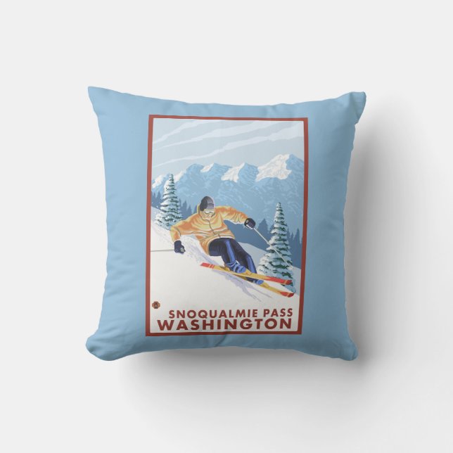 Downhhill Snow Skier - Snoqualmie Pass, WA Cushion (Front)
