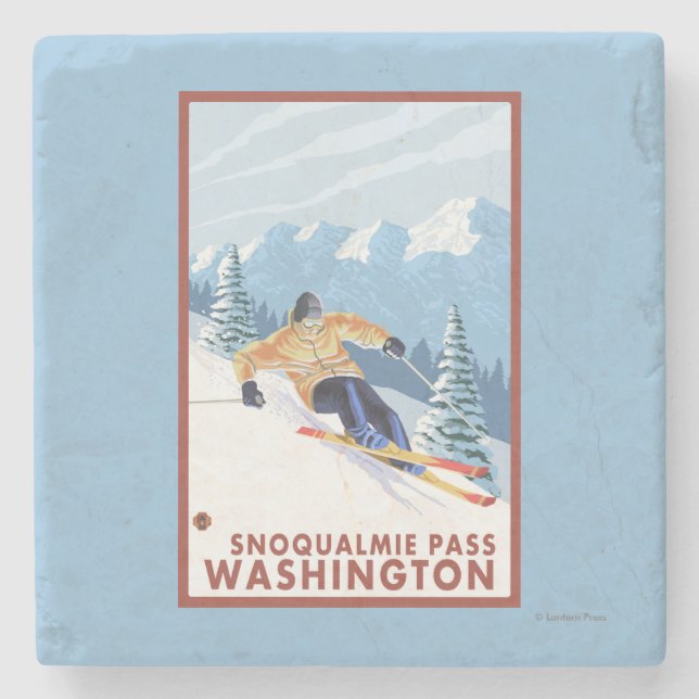 Downhhill Snow Skier - Snoqualmie Pass, WA Stone Coaster (Front)