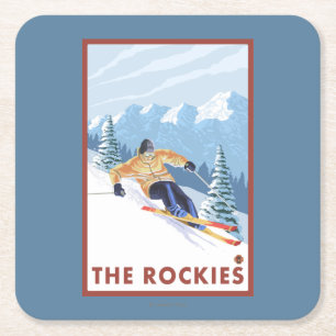 Downhhill Snow Skier - The Rockies Square Paper Coaster