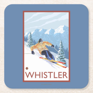 Downhhill Snow Skier - Whistler, BC Canada Square Paper Coaster