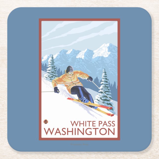Downhhill Snow Skier - White Pass, Washington Square Paper Coaster (Front)