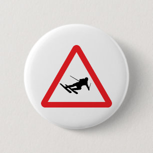 downhill skiing ski warning sign 6 cm round badge