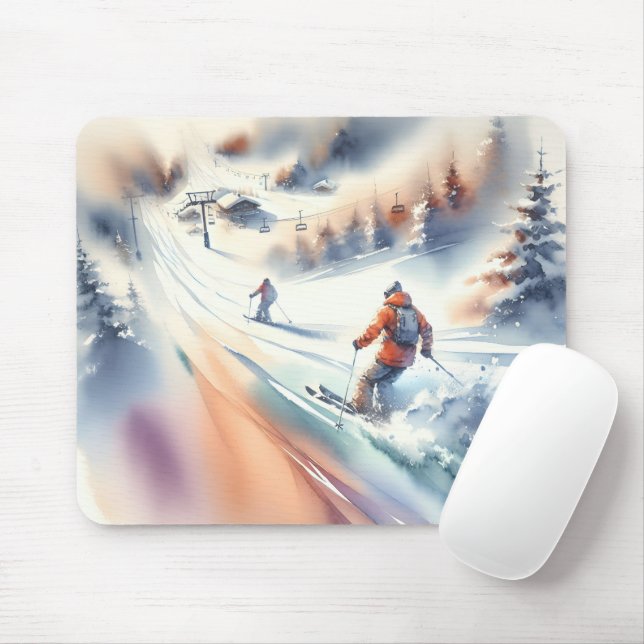 Downhill Snow Skiers In Watercolor Mouse Pad (With Mouse)