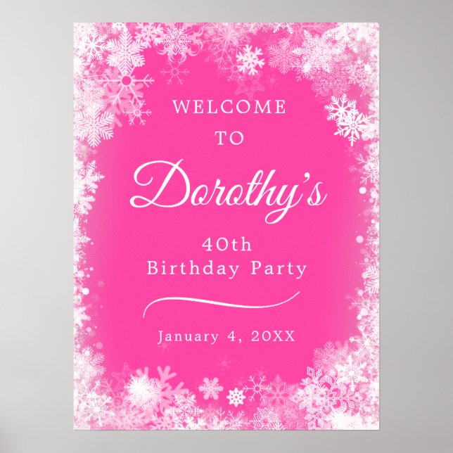 Downloadable 40th Birthday Snowflake Pink Welcome Poster (Front)
