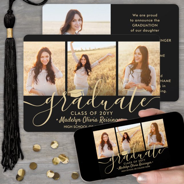 Downloadable 4 Photo Black and Gold Graduation  Announcement (Creator Uploaded)