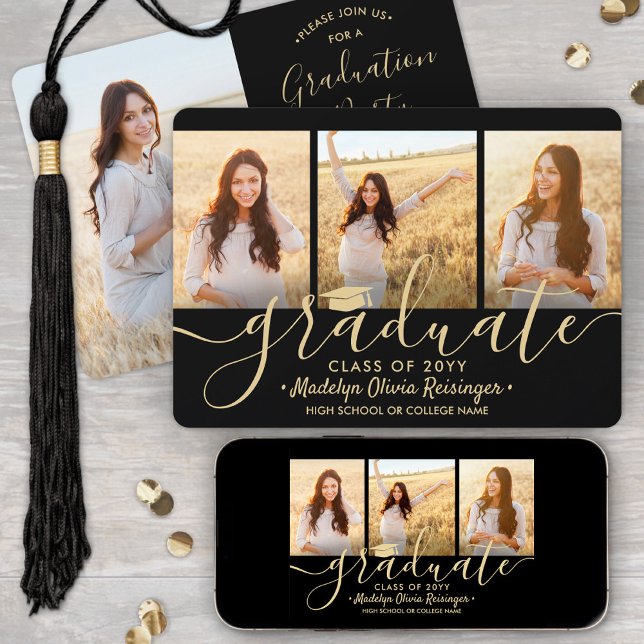 Downloadable 4 Photo Black & Gold Graduation Party Invitation (Creator Uploaded)