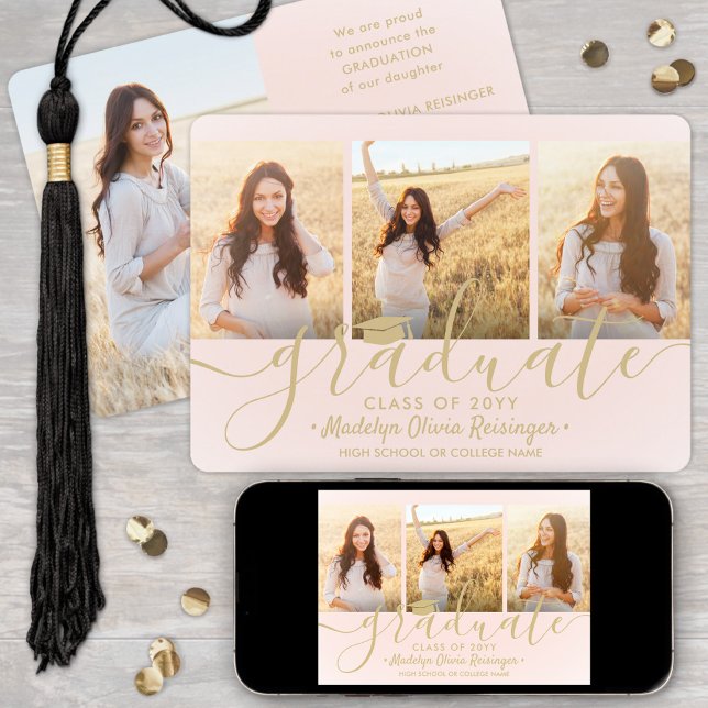 Downloadable 4 Photo Graduation Blush Pink & Gold Announcement (Creator Uploaded)
