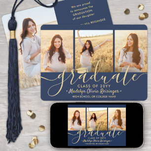 Downloadable 4 Photo Graduation Navy Blue & Gold Announcement