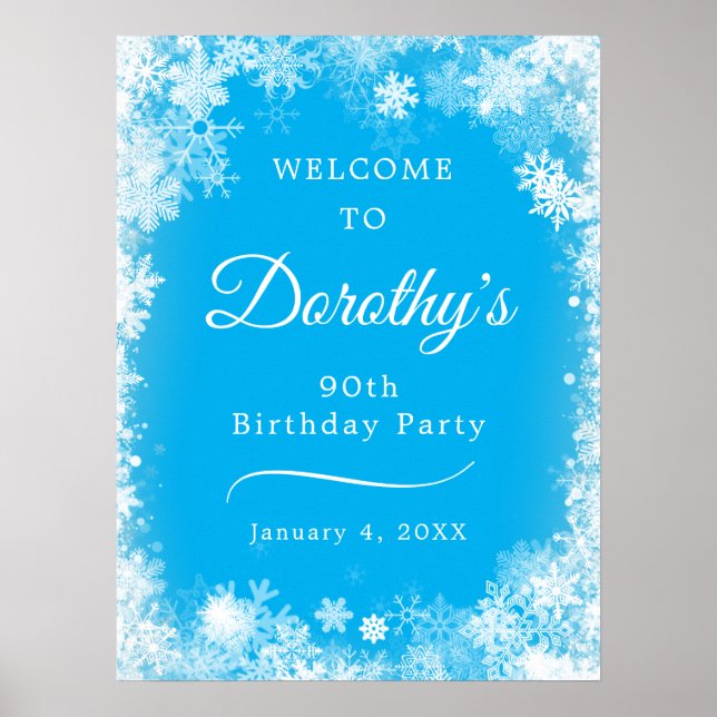Downloadable 90th Birthday Snowflake Blue Welcome Poster (Front)