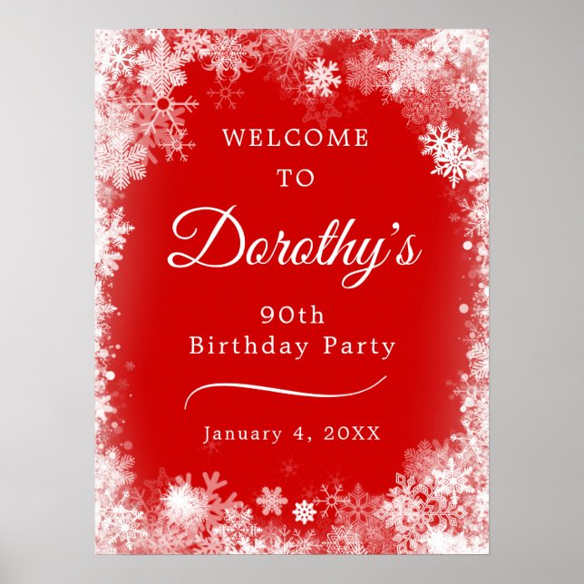 Downloadable 90th Birthday Snowflake Red Welcome Poster (Front)