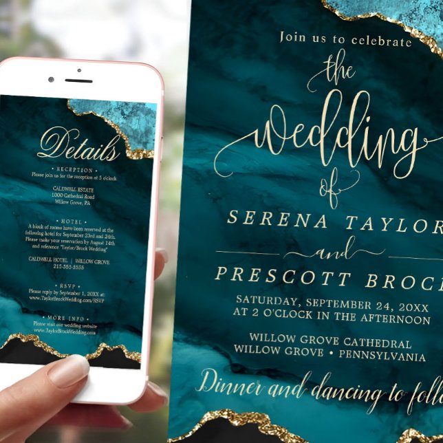 Downloadable Blue Emerald Gold Wedding Invitation (wedding invitation)
