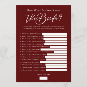 Downloadable Burgundy Bride Facts Shower Game Card