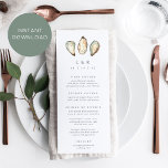 DOWNLOADABLE Coastal Oyster Wedding Menu Card<br><div class="desc">Share your wedding reception menu details in elegant style with these coastal wedding menu cards in white with navy lettering and a trio of aqua and ivory watercolor oyster shell illustrations. Add your initials and wedding date to the top, then customise the menu items arranged by course. Available professionally printed...</div>