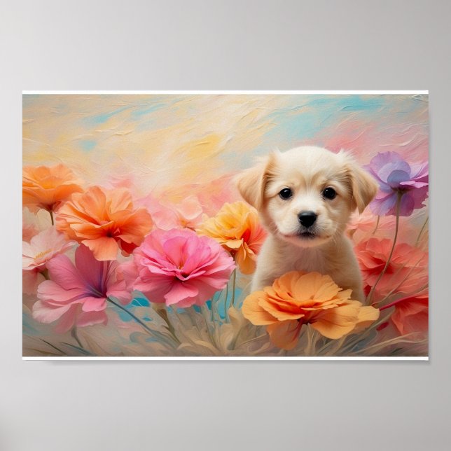 Downloadable puppy surrounded by pastel flowers poster (Front)