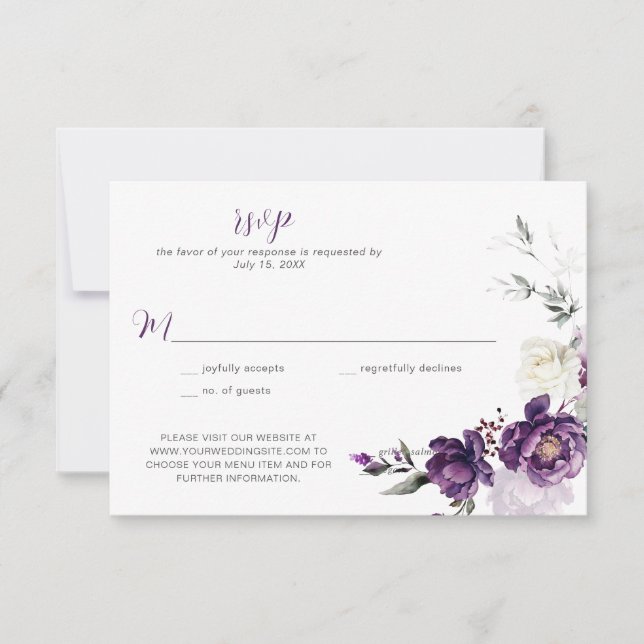 Downloadable Purple Peonies Floral Wedding RSVP Invitation (Front)