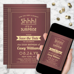 Downloadable Surprise Birthday Burgundy and Gold Save The Date