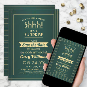 Downloadable Surprise Birthday Green and Gold Save The Date