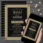 Downloadable Surprise Birthday Party Black & Gold Invitation<br><div class="desc">Can you keep a secret? Invite family and friends to an elegant and exciting surprise birthday celebration with custom black and gold party invitations. All wording on this template is simple to personalise, including message that reads "Shhh! It's a SURPRISE." The design features a modern striped border, classic vintage art...</div>