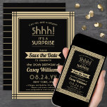 Downloadable Surprise Birthday Party Black & Gold Save The Date<br><div class="desc">Can you keep a secret? Invite family and friends to an elegant and exciting surprise birthday celebration with custom black and gold save the date party invitations. All wording on this template is simple to personalise, including message that reads "Shhh! It's a SURPRISE." The design features a modern striped border,...</div>