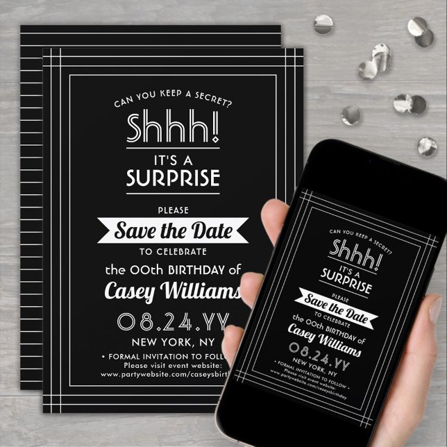 Downloadable Surprise Birthday Party Black & White Save The Date (Creator Uploaded)