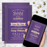 Downloadable Surprise Birthday Purple and Gold Save The Date<br><div class="desc">Can you keep a secret? Invite family and friends to an elegant and exciting surprise birthday celebration with custom purple and gold save the date party invitations. All wording on this template is simple to personalise, including message that reads "Shhh! It's a SURPRISE." The design features a modern striped border...</div>