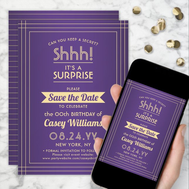 Downloadable Surprise Birthday Purple and Gold Save The Date (Creator Uploaded)