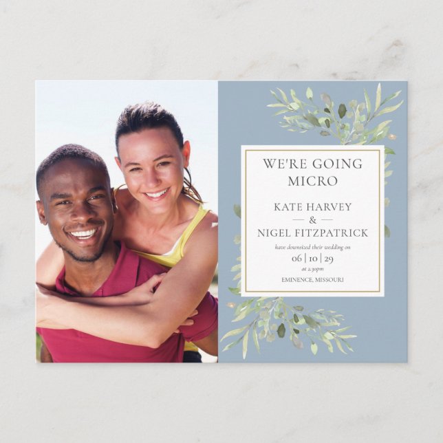Downsized Micro Dusty Blue Greenery Photo Wedding Announcement Postcard (Front)