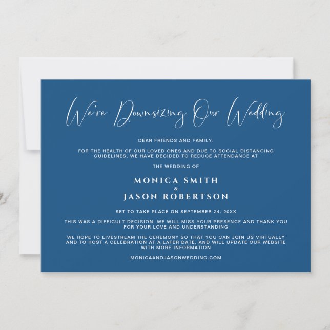 Downsizing Our Wedding Elegant Calligraphy Blue Announcement (Front)