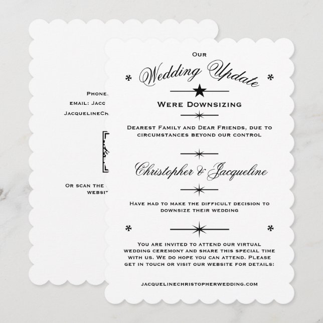 Downsizing Wedding Update Elegant White with Black Announcement (Front/Back)