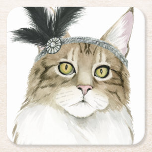Downton Cat   Adorned With Feathers Square Paper Coaster